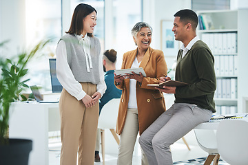 Image showing Teamwork, happy or funny business people in meeting laughing at joke in discussion with paperwork. Collaboration, leadership or excited mature mentor talking or speaking of ideas or plan to employees