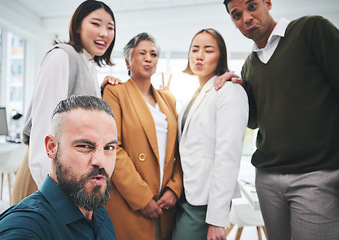 Image showing Selfie, portrait and funny business people together in office for team building, collaboration and support. Diversity, employees and happy friends with silly faces for profile picture on social media