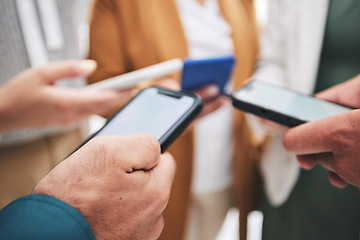 Image showing Phone, hands or people networking in circle to share, info or news on online communication together. Social media, collaboration or closeup of friends in community with teamwork, mobile or technology