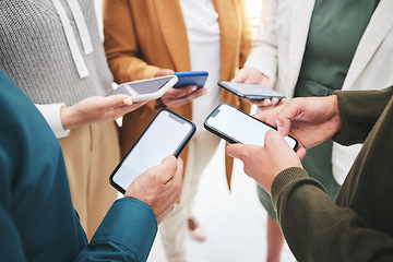 Image showing Mobile, hands or people networking in circle to share, info or news on online communication together. Social media, screen display or closeup of friends group in community with phone or technology