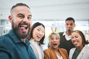 Image showing Portrait, selfie and group of funny business people in office for team building, collaboration and support. Diversity, teamwork and happy friends with silly faces for profile picture on social media