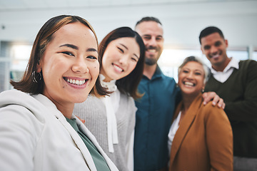 Image showing Selfie, portrait and group of business people smile in office for support of global team building. Diversity, employees and face asian woman with friends for profile picture about us on social media