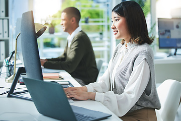 Image showing Business woman, computer and office for marketing research, multimedia planning or copywriting. Professional worker, employees or editor typing on desktop for editing online and research in workspace