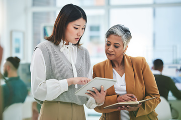 Image showing Internship, tablet or woman with mentor in discussion with notebook for news, business info or advice in office. Teamwork, leader or Asian worker talking or learning data analytics in digital agency