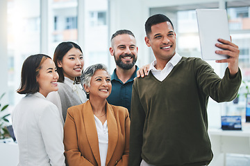 Image showing Selfie, tablet and group of business people smile in office for support of global team building. Diversity, employees and happy friends with digital tech for profile picture about us on social media