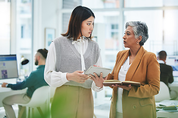 Image showing Internship, tablet or mentor training woman in discussion with notebook for news, business info or advice. Teamwork, tech or Asian worker talking or learning online data analytics in digital agency