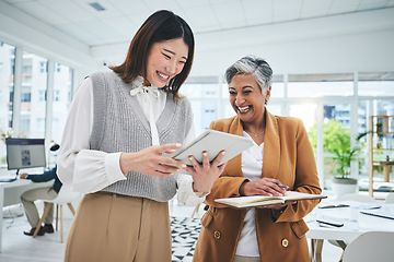 Image showing Internship, tablet or happy woman laughing with mentor in discussion with notebook for news, business info or advice. Teamwork, funny or Asian worker talking or learning analytics in digital agency