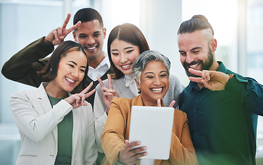 Image showing Selfie, tablet and group of business people with peace for support, team building and emoji. Diversity, employees and happy friends with v sign for digital profile picture about us on social media