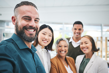 Image showing Selfie, portrait and happy business people together in office for team building, collaboration and global company. Diversity, employees and face of friends smile for profile picture on social media