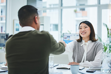 Image showing Interview, business people and human resources, handshake and recruitment, onboarding and conversation. Communication, hiring and meeting with feedback, promotion and shaking hands with trust