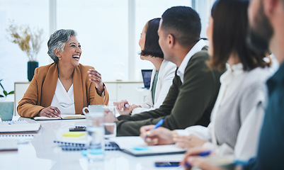 Image showing Business people, meeting and manager laugh for planning, collaboration and funny speaker in seminar or workshop. Professional leader, manager or woman speaking to staff for happy project conversation