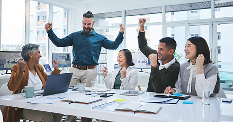 Image showing Celebration, business meeting and success of company staff with collaboration and teamwork Office, motivation and happy winner employees with planning and target kpi growth from team working goals