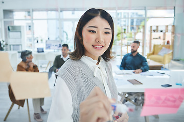 Image showing Woman, glass board and brainstorming, writing and sticky note with team leader, workshop business ideas and agenda. Planning, objective and project management, Asian employee and notes with moodboard