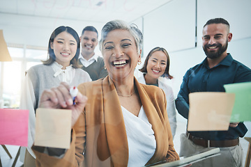 Image showing Business people, writing and planning on glass board for marketing timeline, calendar and presentation ideas in meeting. Professional manager or staff workflow, sticky notes and scrum or agile goals