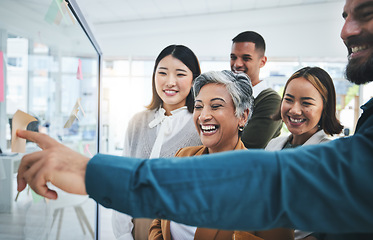 Image showing Happy, writing and staff at glass board for creative marketing with sticky notes and pointing. Calendar planning, content creator schedule and management staff laughing in a business meeting teamwork