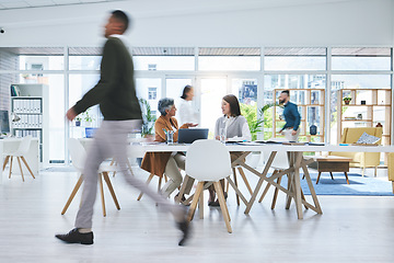 Image showing Business people, walking and busy in meeting, planning and collaboration in office or workspace for startup or project. Professional worker, employees or group in speed or blur for creative teamwork