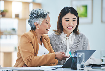 Image showing Business people, manager and laptop for planning, teamwork or internship training in marketing meeting. Professional mentor and worker on computer for website advice, support and online collaboration