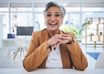 Image showing Video call, business and portrait of mature woman in office for online conference, webinar and meeting. Communication, professional and worker at desk for conversation, virtual seminar and discussion