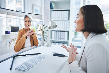 Image showing Business woman, video call and computer screen for online meeting, manager feedback and planning in office. Professional employees, b2b clients or mentor in virtual communication of support or advice