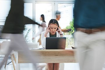 Image showing Headache, stress and business woman on laptop in busy office with vertigo, mistake or disaster. Anxiety, migraine and manager frustrated by glitch, 404 or internet, delay or mental health crisis