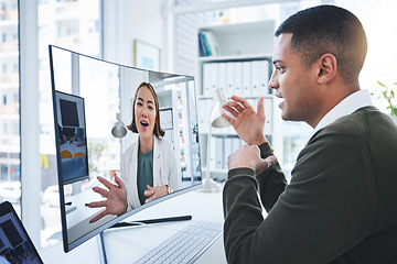 Image showing Business people, video call and computer screen in online meeting, teamwork and feedback or planning. Professional worker, b2b clients or manager talking in virtual communication or advice on monitor