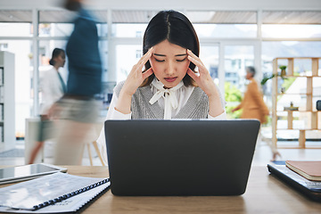 Image showing Stress, headache and asian woman on laptop in busy office with vertigo, mistake or disaster. Anxiety, migraine and manager frustrated by online glitch, 404 or internet, delay or mental health crisis