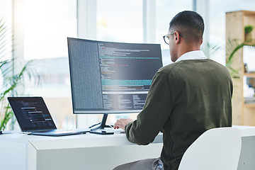 Image showing Programmer, technician man and computer for coding, software script or cyber security in office. Behind IT engineer person with technology for programming, future and data analytics or innovation