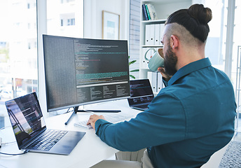 Image showing Programmer, developer or man at computer for coding, software script or cyber security in office. Behind IT technician person with coffee and technology for programming, future and data analytics