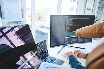 Image showing Closeup, manager and worker with computer screen, programming or training with trading, coaching or mentor. Advice, supervisor or employee with pc, coding or cyber security with programmer or fintech