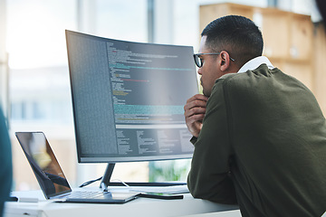 Image showing Man, computer screen and thinking of coding, programming or software development and online solution. Programmer or developer reading html script, website problem solving or cybersecurity on monitor