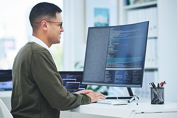 Image showing Developer, programming and a man at computer for coding, software script or cyber security in office. Happy IT technician person or programmer with technology for code, future and data analytics