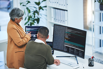 Image showing Teamwork, coaching and programmer with business people in office for coding, developer or information technology. Meeting, code review and feedback with employees in digital agency for cybersecurity