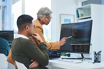 Image showing Coaching, mentor and programmer with business people and computer for coding, developer or information technology. Meeting, code review and feedback with employees in digital agency for cybersecurity