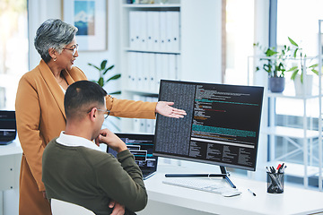 Image showing Help, manager and employee with computer screen, programming and code with trading, coaching and mentor. Advice, supervisor and worker with pc, coding and cyber security with programmer and training