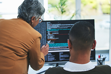 Image showing Advice, manager and employee with computer screen, programmer and code with trading, coaching and database. Mentor, help and man with pc, coding and with programming, fintech and training a worker