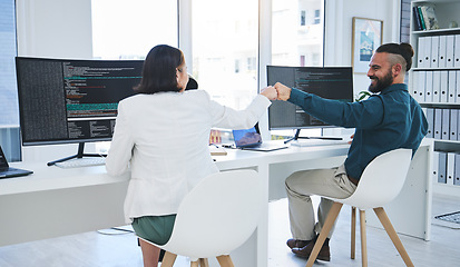 Image showing People, fist bump and coding, computer screen and software development or programming success in IT. Developer or programmer support, motivation or collaboration with coding or information technology