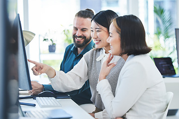 Image showing Training, manager and employees with computer, programming and mentor with trading, coaching and mentor. Corporate, supervisor and worker with pc, coding and discussion with programmer, smile or help