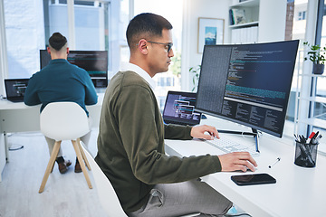 Image showing Programming, software developer and a man at computer for coding, script or cyber security in office. IT technician person or programmer with technology for development, future or data analytics