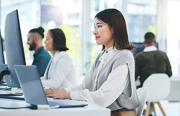 Image showing Computer, email and employees working in a company or startup agency typing online document or research on internet. Website, web and corporate people in an office doing online communication