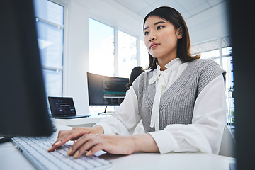 Image showing Asian woman, computer and coding in software development or web design at the office. Female person or employee typing on desktop PC in programming, innovation or problem solving at the workplace