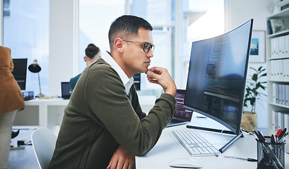 Image showing Programmer man, software development and thinking at computer for coding, software script or cyber security. Technician person with technology for programming, future and data analytics or innovation