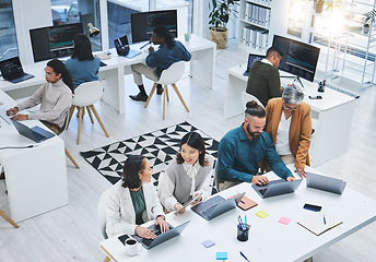 Image showing Coworking, laptop and startup staff with senior mentor and teamwork for online project. Planning, computer and working business people with digital market research for marketing company with boss