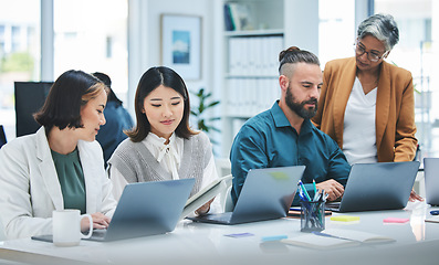 Image showing Coworking, laptop and staff with senior mentor and teamwork for online project. Planning, computer and working business people with digital market research for marketing company with collaboration