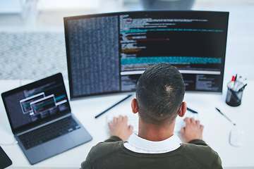 Image showing Programmer, computer and developer man for coding, software script or cyber security. Behind technician person with technology, dashboard and laptop for programming, future and data analytics