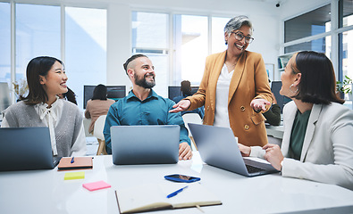 Image showing Happy people, laptop and meeting, marketing team at digital agency, creative group and research online. Man, women and diversity, productivity and business with senior leader and branding strategy