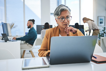 Image showing Business, stress and woman with laptop, thinking and connection with network, deadline and online reading. Problem solving, consultant and employee with pc, search internet and solutions in workplace