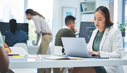 Image showing Business, stress and woman with laptop, tired and connection with burnout, depression and research. Person, consultant and employee with pc, search internet and planning with fatigue and overworked