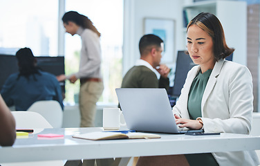 Image showing Business, thinking and woman with laptop, stress and connection with website info, email and research. Professional, consultant or employee with pc, search internet and online reading with technology