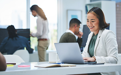 Image showing Business, smile and woman with laptop, typing and connection with network, website information and research. Happy person, consultant and employee with pc, search internet and planning in workplace