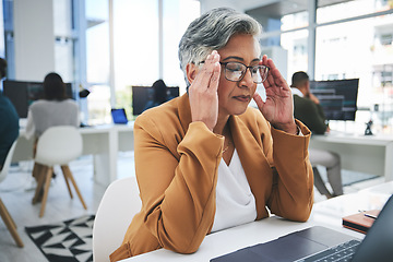 Image showing Business woman, headache and stress on computer in marketing crisis, online mistake or management error. Graphic designer manager with pain, frustrated and mental health or eye care glasses on laptop